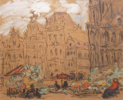 ROUX-CHAMPION JOSEPH VICTOR, 1871-1953 
Parasols devant les façades en ville
crayon...