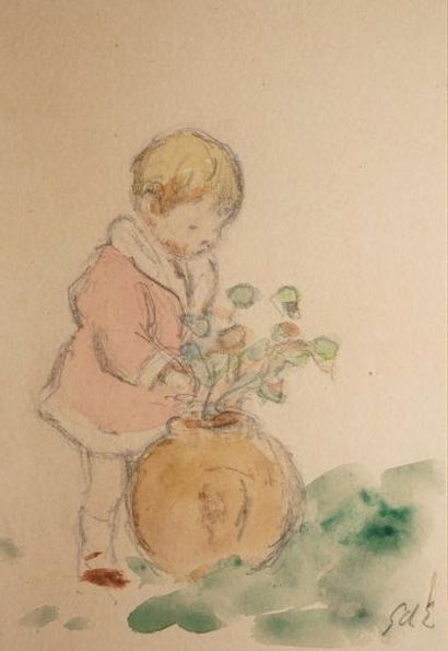 D'ESPAGNAT Georges, 1870-1950 
Fillette au vase de fleurs mine de plomb et aquarelle,...