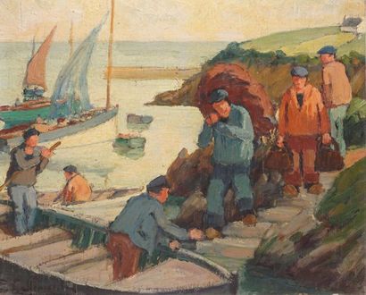 LALLEMANT PAUL, XXE SIÈCLE 
Départ pour la pêche en Bretagne
huile sur panneau (craquelures),...