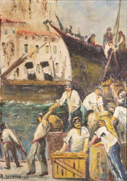 LOMBARD A. XXE SIÈCLE 
Débardeurs sur les quais à Marseille, 1960
huile sur panneau...