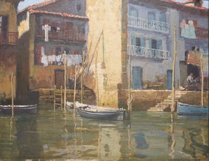 MASSON GEORGES, 1875-1948 
Barques et maisons
huile sur panneau, signé en bas à droite
19x23,5...