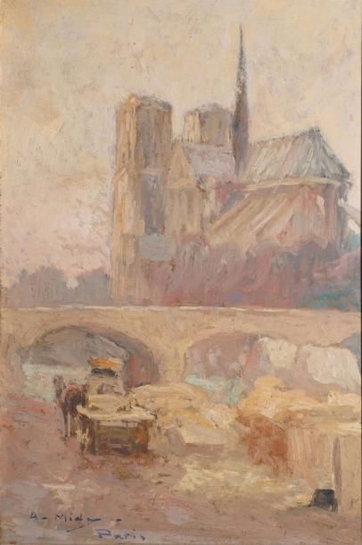 MIDY Arthur, 1887-1944 
Notre Dame de Paris vue des quais
huile sur carton, signé...