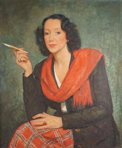 DETEIX ADOLPHE, 1892-1967 
Brune à l'écharpe rouge, Madame A. Moyart, 1945
huile...