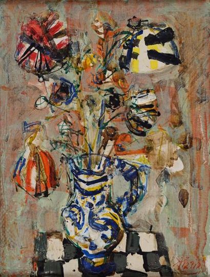 AÏZPIRI PAUL, 1919-2016 
Bouquet à la table au damier
huile sur toile, signée en...