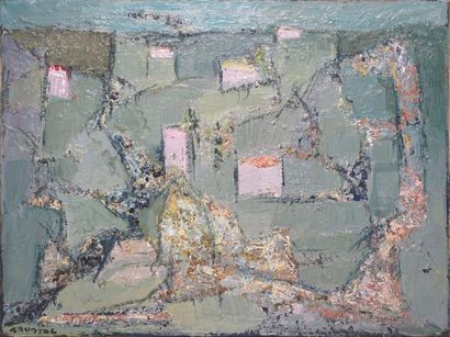 SAUSSAC JEAN, 1922-2005 
Paysage aux maisons roses
huile sur toile, signée en bas...