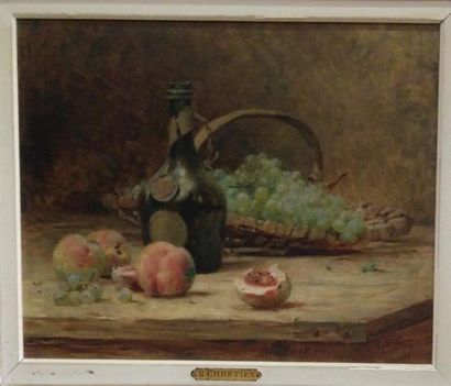 CHRETIEN René Louis 1867-1945 Pêche, raisins et Cointreau, huile sur toile signée...