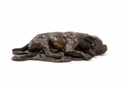 BARYE Alfred, 1839-1882 
Dogue couché
bronze à patine brune (traces d'usure à la...