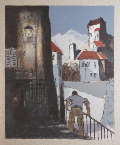 ROZ ANDRÉ, 1897-1946 
Homme en ville la nuit
bois gravé en couleurs sur papier gris,...