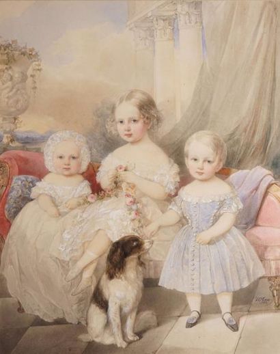 HAU VLADIMIR IVANOVICH, 1816-1895 
Enfants avec un chien, 1942
aquarelle et rehauts...