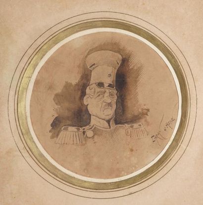 CARAN D'ACHE, 1858-1909 
Portrait de militaire plume et encre brune à vue tondo (insolation),...