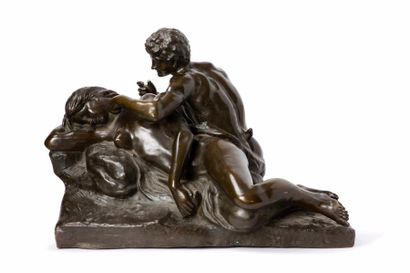 LAMBEAUX Jef, 1852-1908 
Satyre et nymphe endormie
groupe en bronze à patine brune...