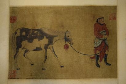 null Peinture à l'encre et couleurs sur soie, représentant un Hu Ren (étranger venu...
