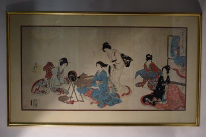 CHIKANOBU (1838-1912) Triptyque d'estampes représentant cinq jeunes femmes, l'une...
