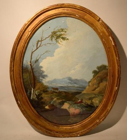 École FRANÇAISE du XVIIIe siècle Paysage de campagne avec un pâtre au repos et ses...