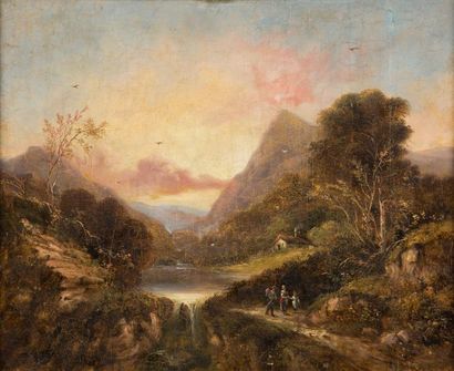 WILLIAMS Edward Charles (Attribué à) Paysage montagneux au soleil couchant avec une...