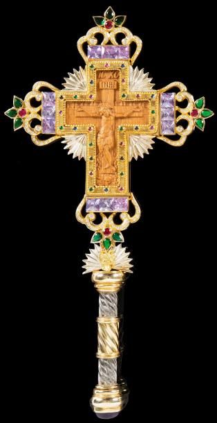 LYTINAS Croix en argent (925) plaqué or serti de cristaux à l'imitation du rubis...