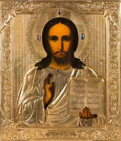 null Christ Pantocrator
Russie XXe siècle
Huile sur bois, oklad en métal doré, petits...