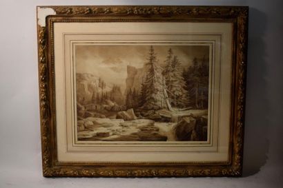 ÉCOLE SUISSE du XIXe siècle 1 - Paysage des Alpes avec des forestiers
Crayon noir,...