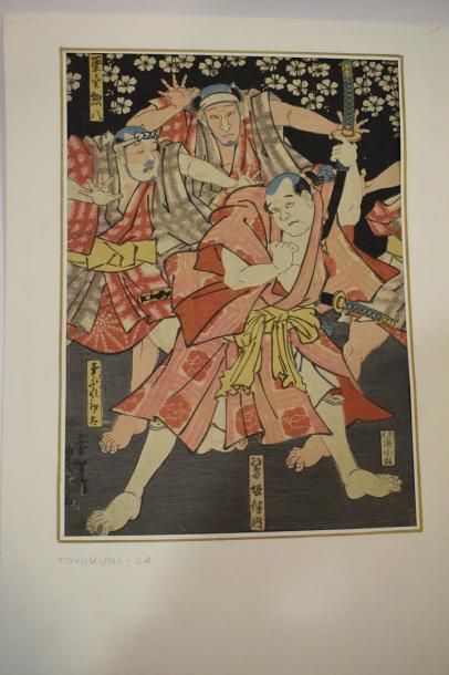 null Trois estampes oban tate-e dont Kuniyoshi, le héros Benkei ; Toyokuni III, Samourai...