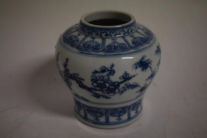 null Jarre miniature en porcelaine de Chine bleu et blanc à décor sur la panse de...