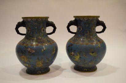 null Paire de vases en bronze doré et émaux cloisonnés polychromes sur fond bleu,...