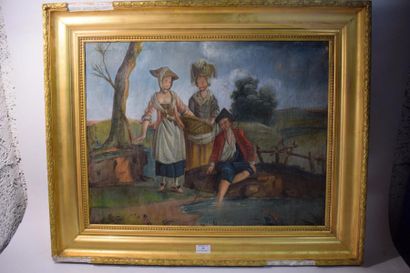 null Ecole naïve XVIIIème 

Lavandières et pêcheurs, 

64 x 48 cm, 

Restauratio...