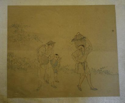 null Chine, suite de trois peintures sur papier représentant des paysans.

24 x ...