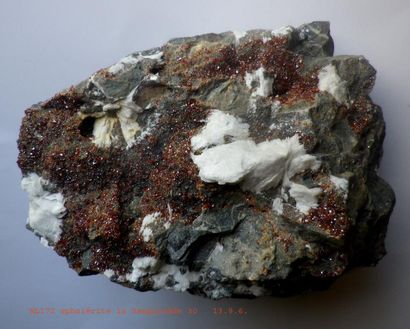 null Cinq minéraux du Gard : BLENDE rouge et BARYTE de la Sanguinède (13 cm); plaque...