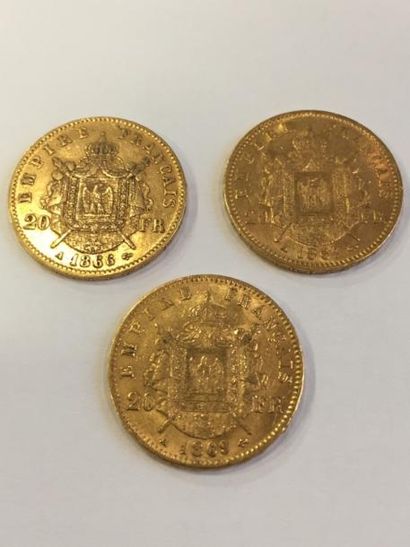 null 3 pièces de 20 francs Napoléon III tête laurée (1869 A ; 1867 A ; 1866 A) TTB...