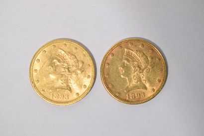  [ Pièce en or ] 
2 pièces de 10 dollars " Coronet Head - Eagle " 1893. 
Poids :...