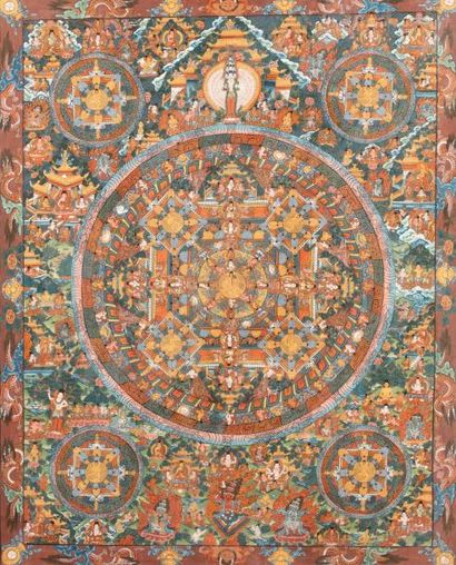 null Thangka sur textile peint en couleurs, représentant un Mandala circulaire avec...