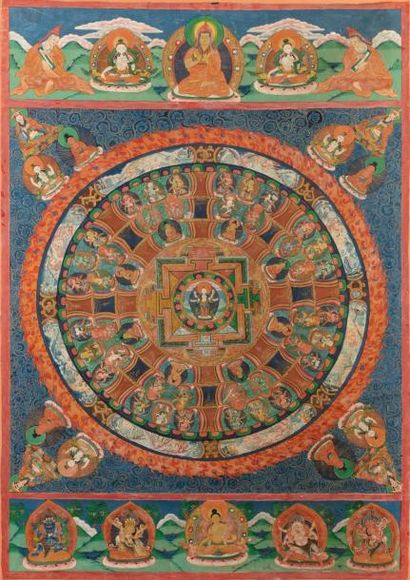 null Thangka sur textile peint en couleurs, représentant le Mandala de Sadaksari...