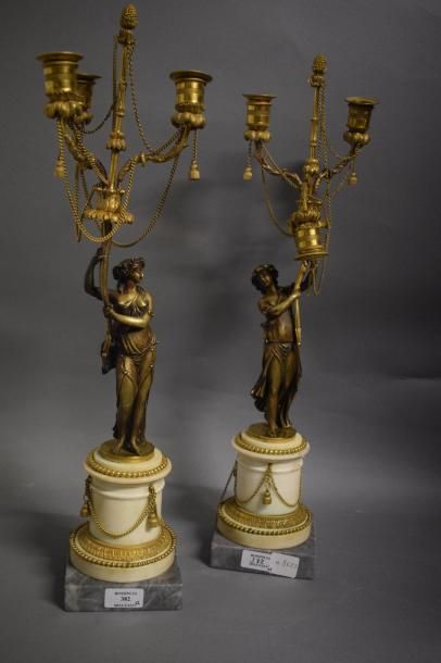 null Paire de candélabres en bronze à trois bras de lumières figurant des femmes...