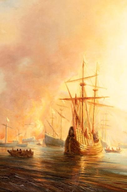 null ECOLE ANGLAISE du XIXe siècle 



Ville en feu et navires dans la rade



Huile...