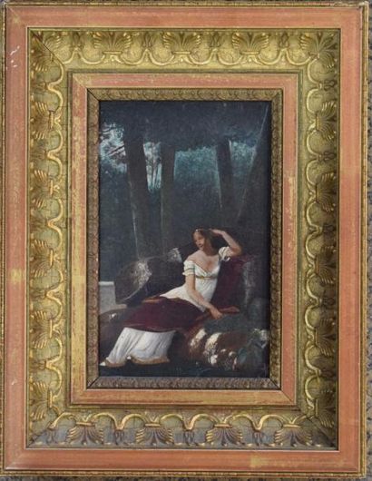 null ECOLE XIXème 

Femme vetue à l'Antique assise dans un paysage 

Huile sur panneau...