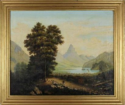 ECOLE XIXème siècle

Paysage au lac de montagne

Huile...