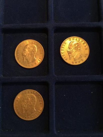 null 3 pièces en or de 20 lires Victor-Emmanuel II (1863 T BN x 3)
TTB
Poids : 19.3...