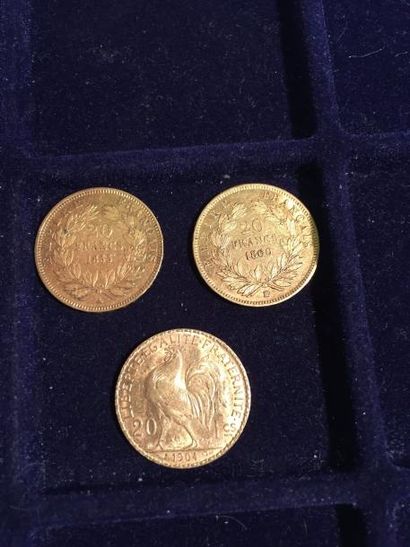 null 3 pièces de 20 Francs en or jaune de 1855 - 1860 - 1904.

Poids: 19.24g