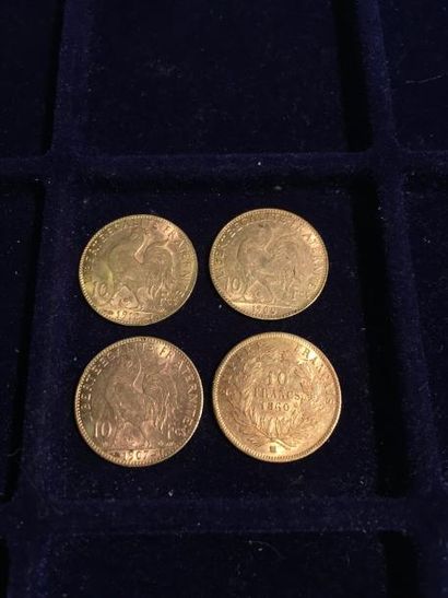 null 4 pièces de 10 Francs en or jaune de 1860 - 1900 - 1907 - 1912.

Poids : 12...