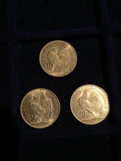 null [ Pièce en or ]

3 pièces de 20 francs " coq " 1906. 

Poids : 19,3 g 