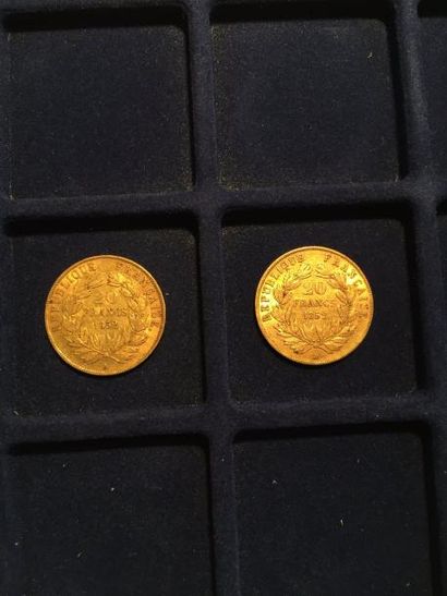 null 2 pièces en or de 20 francs Louis Napoléon "tête nue" (1852A x 2)
TB
Poids :...