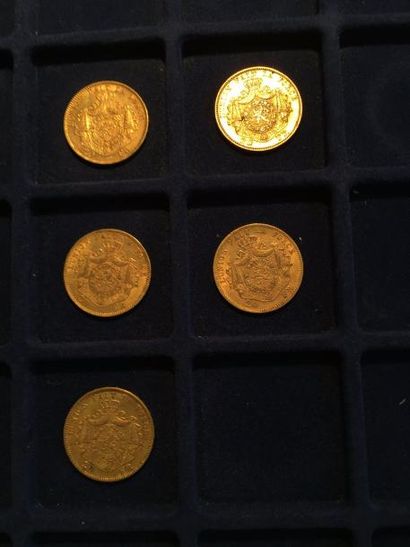 null 5 pièces en or de 20 francs Leopold II (1874 x 1 ; 1875 x 1 ; 1876 x 1 ; 1877...