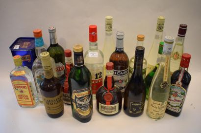 null 21 bouteilles SPIRITUEUX DIVERS, (Champagne, Izarra, Calvados, Ouzo, Ricard,...
