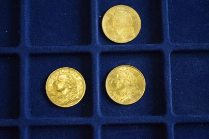 null 3 pièces en or de 20 francs Vreneli (1935 LB ; 1947 B x 2) 

TTB à SUP 

Poids...