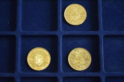 null 3 pièces en or de 20 francs Vreneli (1935 LB ; 1947 B x 2) 

TTB à SUP 

Poids...