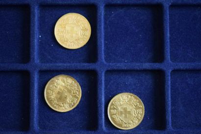 null 3 pièces en or de 20 francs Vreneli (1922 B ; 1947 B x 2) 

TTB à SUP 

Poids...