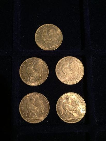 null [ Pièce en or ]

5 pièces de 20 francs " coq " 1908. 

Poids : 32,2 g 