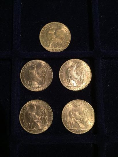 null [ Pièce en or ]

5 pièces de 20 francs " coq " 1913. 

Poids : 32,2 g 