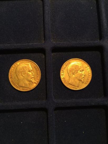 null 2 pièces en or de 20 francs Louis Napoléon "tête nue" (1852A x 2)

TB

Poids...