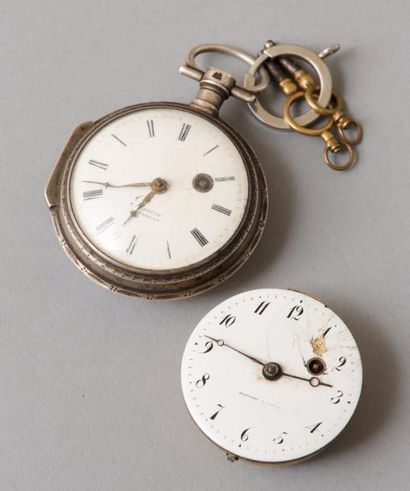 null Montre de gousset à coq en argent, cadran émaillé blanc à chiffres arabes pour...